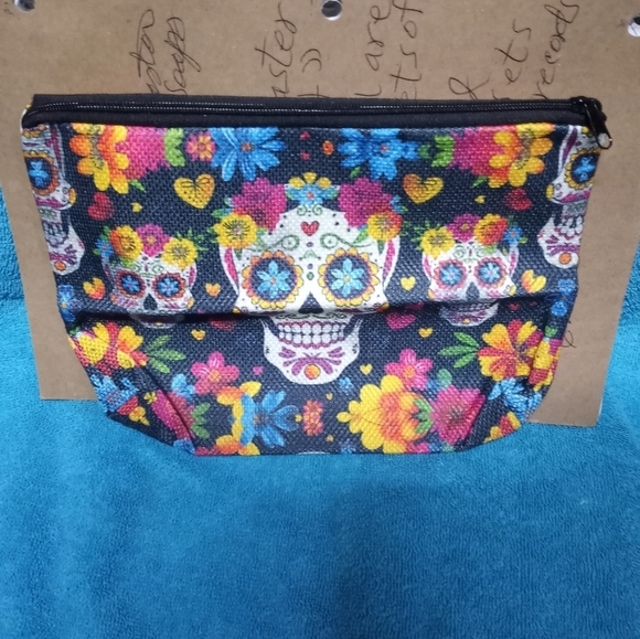 Colorful Day Of The Dead Skull and Flower Makeup Pouch Cosmetic Bag - Picture 1 of 2